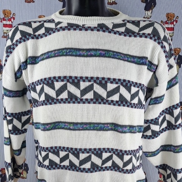 London Fog Sweaters - Vintage London Fog Towne Women's grandma stripe white LG tight knit sweater